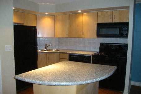 A kitchen with a black refrigerator, black oven, and a granite counter.