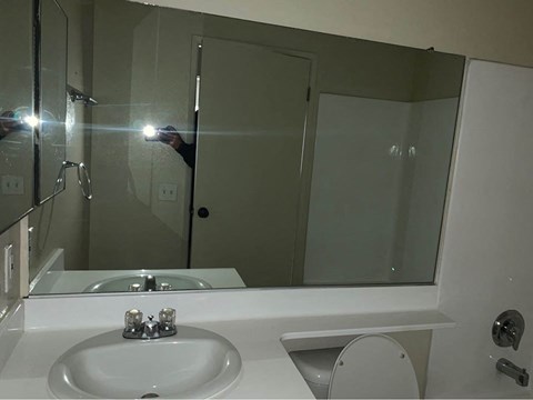 A bathroom with a sink, mirror, and toilet.