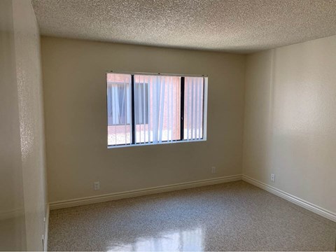 A room with a window and a carpeted floor.