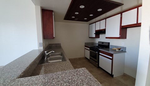 A kitchen with a sink and stove top oven.