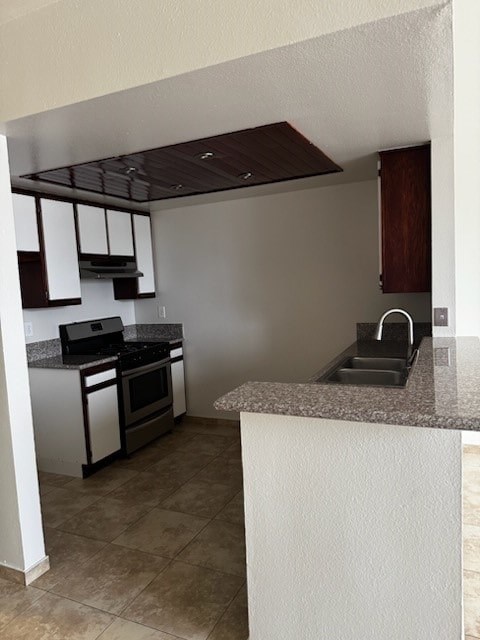 A kitchen with a stove top oven and a sink.