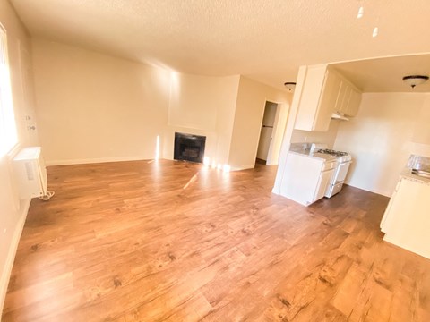 A living room with a fireplace and hardwood floors.