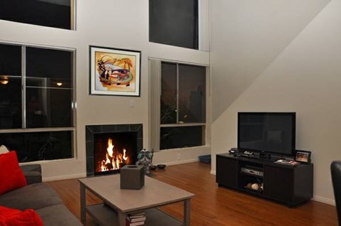 A living room with a fireplace and a television.