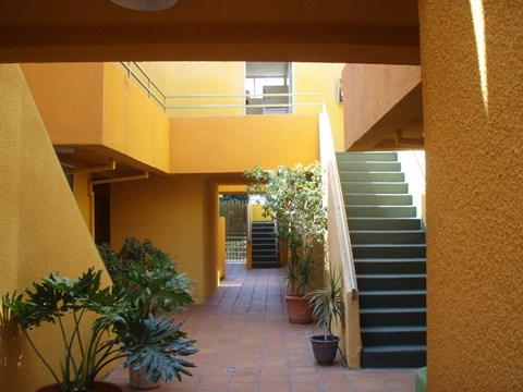 A staircase with a green carpeted runner is in a yellow building.