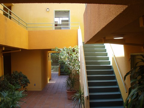 A staircase with a green carpeted runner leads up to a balcony.