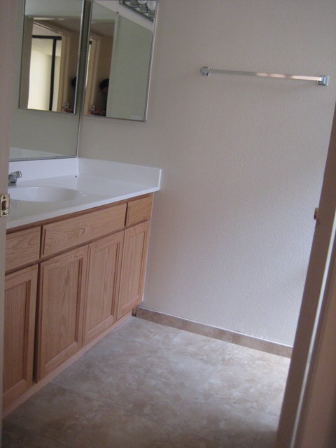 A bathroom with a sink and a mirror.