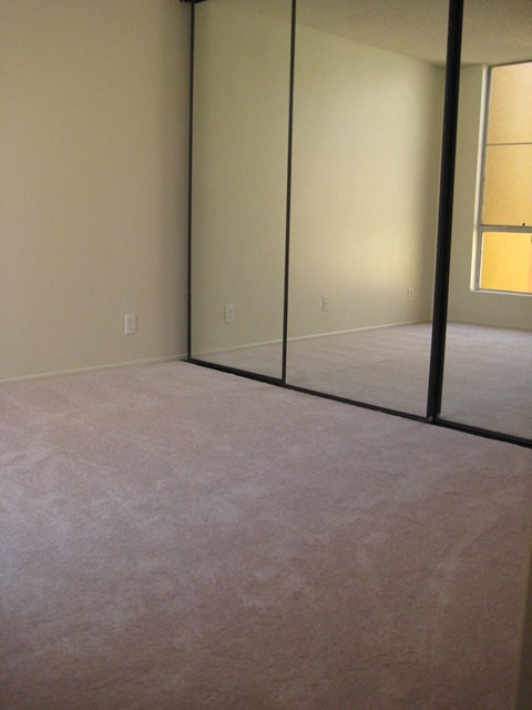 A room with a carpeted floor and a window.