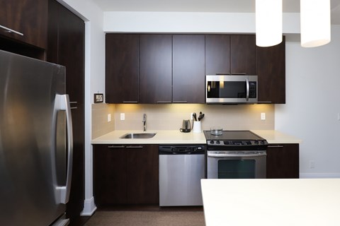 A modern kitchen with dark brown cabinets and stainless steel appliances.