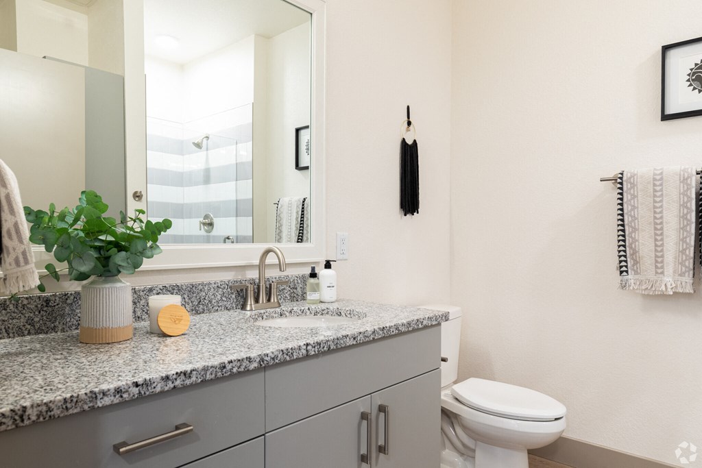 A bathroom with a marble countertop and a white toilet.