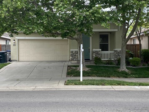 A house with a white garage door and a tree in front.