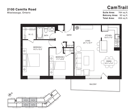A floor plan for a suite at CamTrail shows two bedrooms and a balcony.