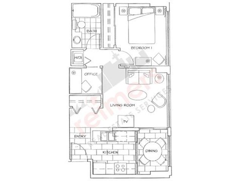A floor plan of a house with labeled rooms such as Office, Bedroom, Living Room, Kitchen, Dining, Bath, and Entry.
