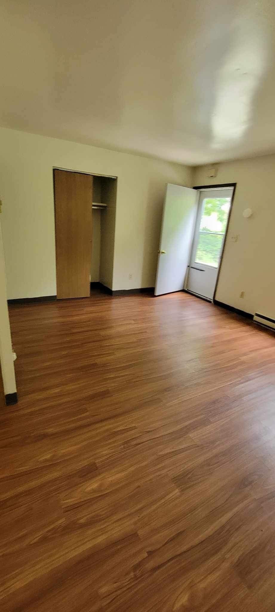 A room with a wooden floor and a door.