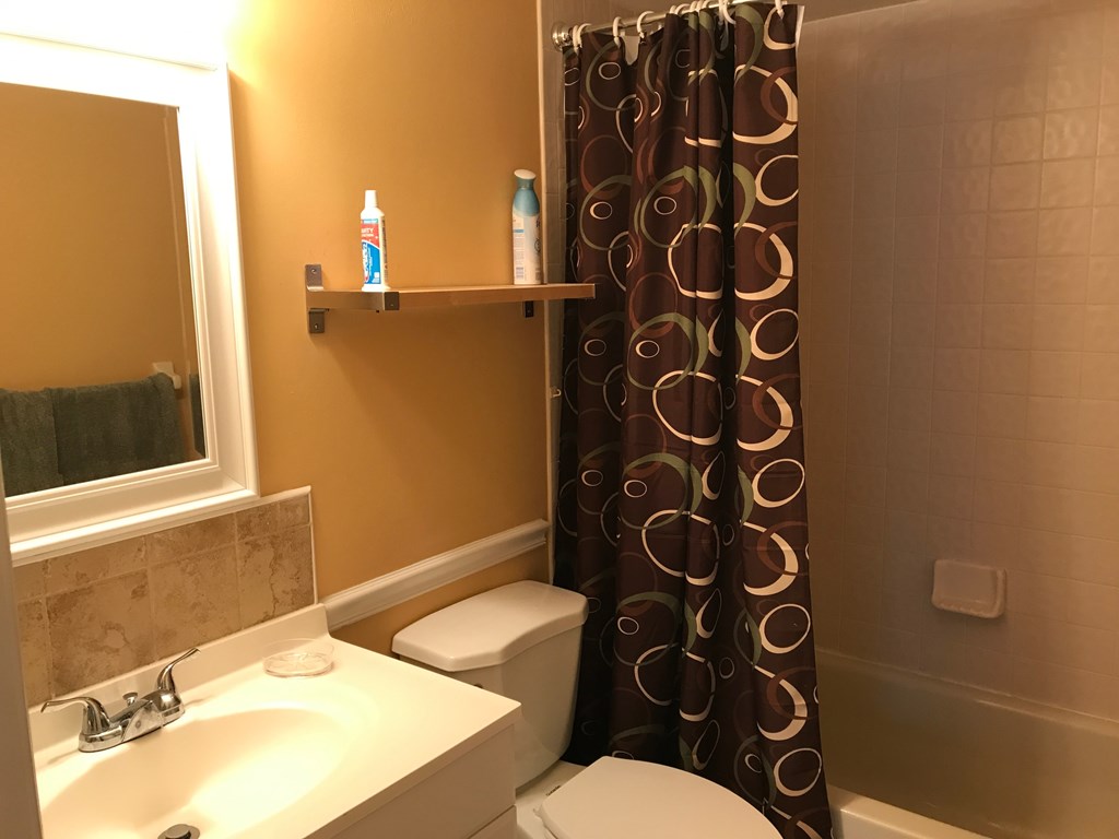 A bathroom with a toilet, sink, and shower curtain.