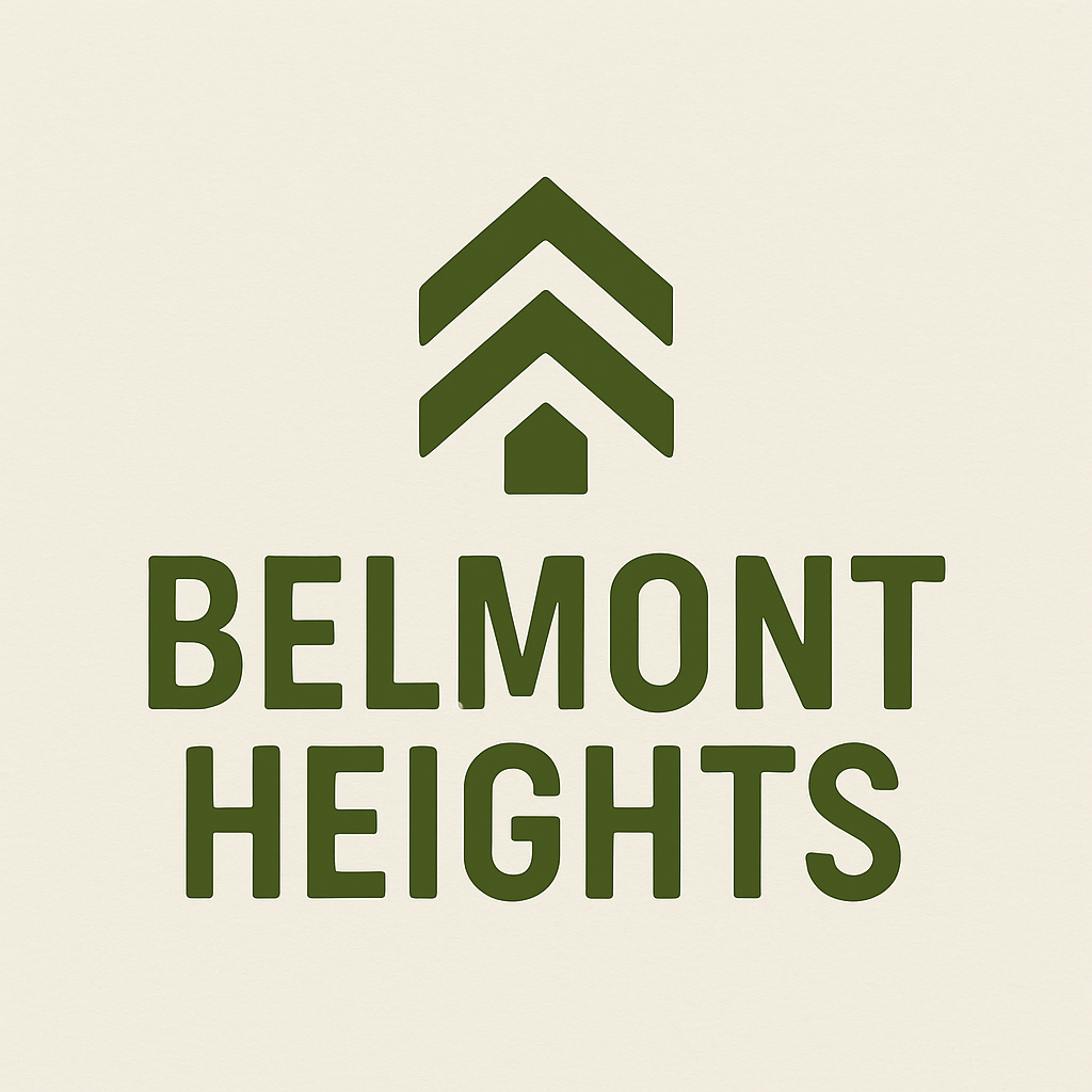 The image shows a logo with the text "BELMONT HEIGHTS" and a green stylized tree above the text.