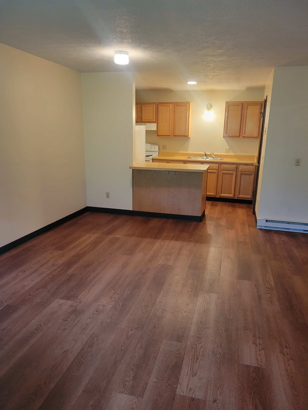 A kitchen with wooden floors and cabinets.