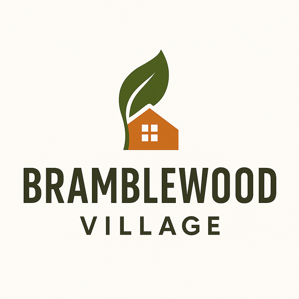A logo with a green leaf and a house with the words "Bramblewood Village" below it.