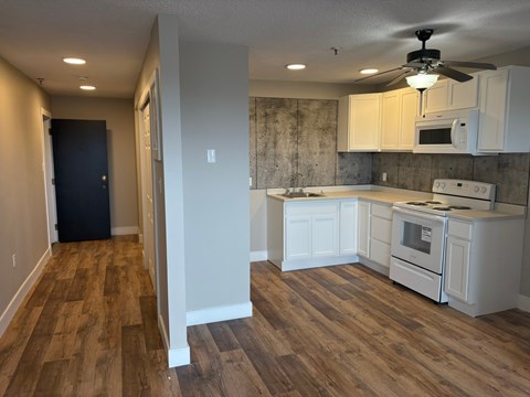 A kitchen with white cabinets and a wood floor.