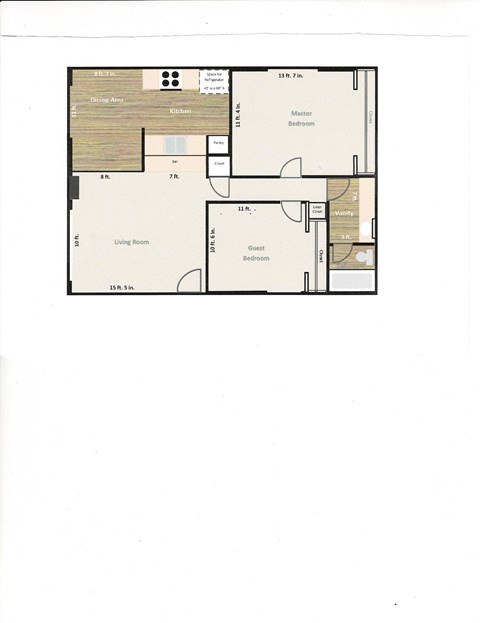 A floor plan of a house with a living room, two bedrooms, a kitchen, and a bathroom.