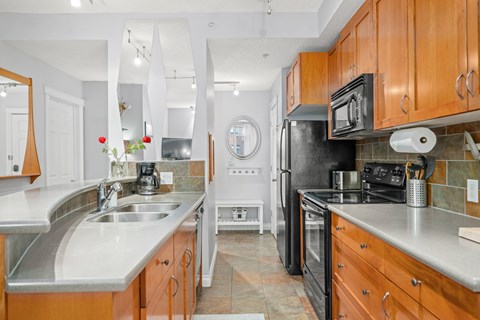 A kitchen with a black refrigerator and wooden cabinets.