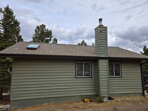 A house with a green siding and a brown roof.