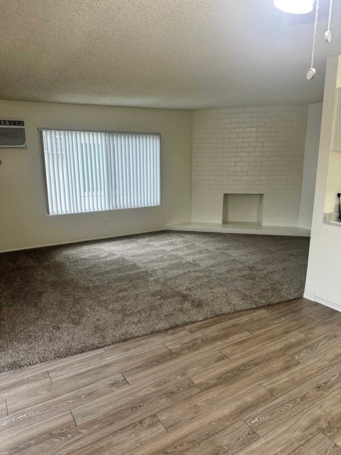 A room with a window and a fireplace.