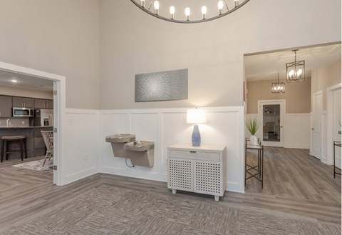 A room with a round chandelier, a white radiator, and a grey rug.