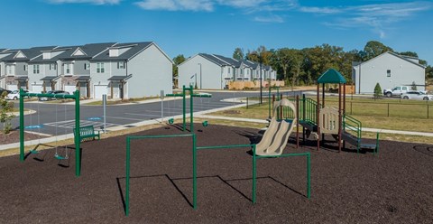 A playground with a slide, swings, and monkey bars.