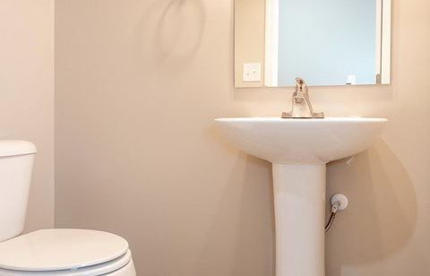 A white sink in a bathroom with a toilet and mirror.