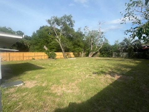 A backyard with a fence and trees.