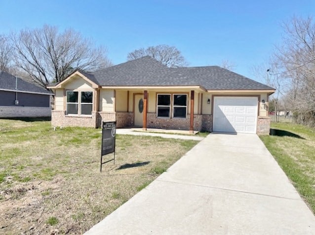 A house with a brown roof and a white garage door.