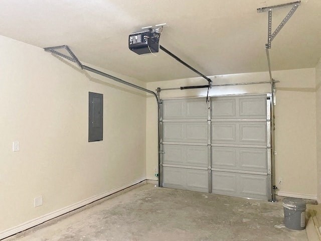 A garage with a white door and a black electrical box on the wall.