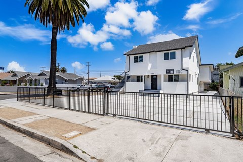 A white house with a black fence and a palm tree in front.