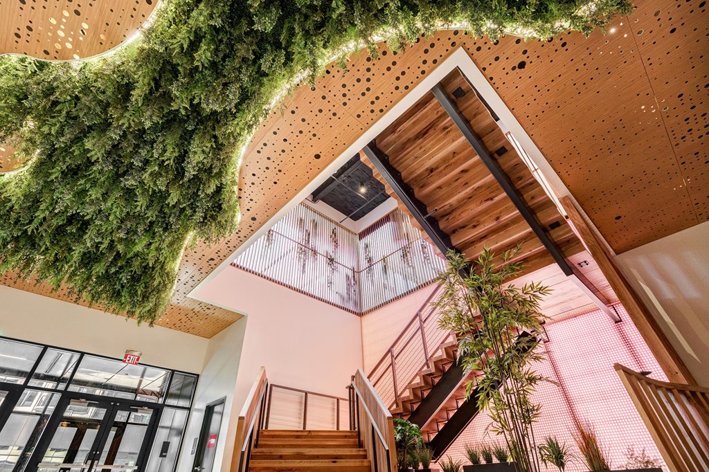 A staircase with a wooden handrail and a glass balustrade.