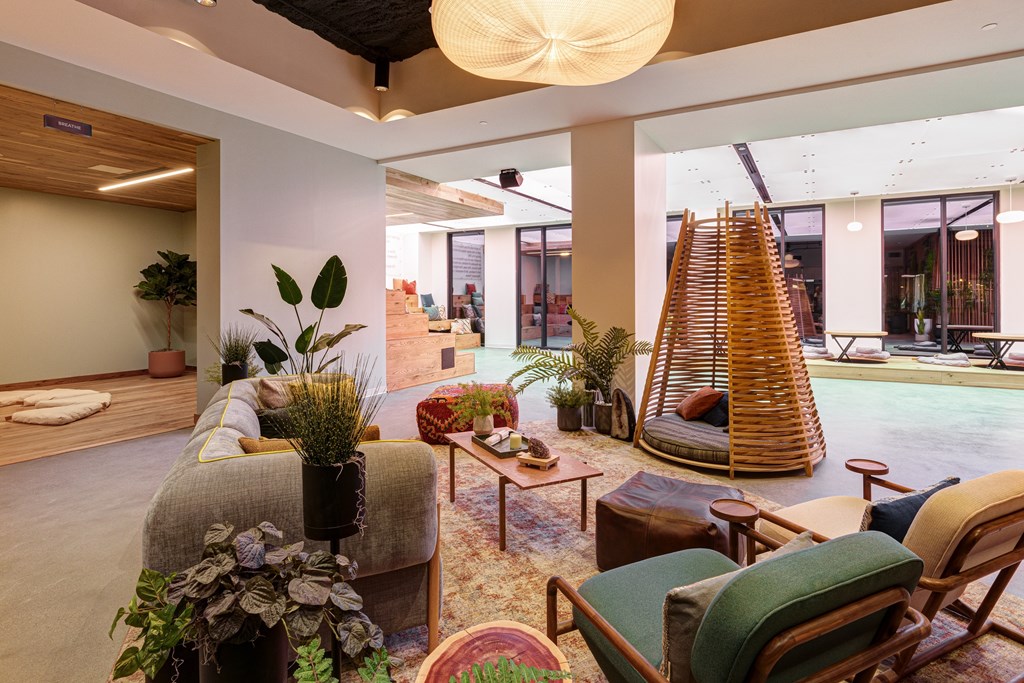 A modern living room with a variety of plants and furniture.