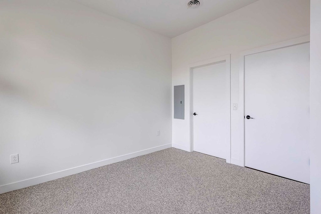 A room with two doors and a carpeted floor.