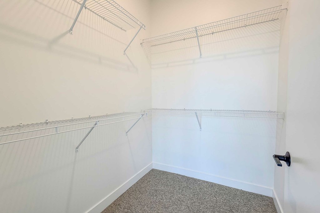 A white wall with a grey carpet and a black door handle.