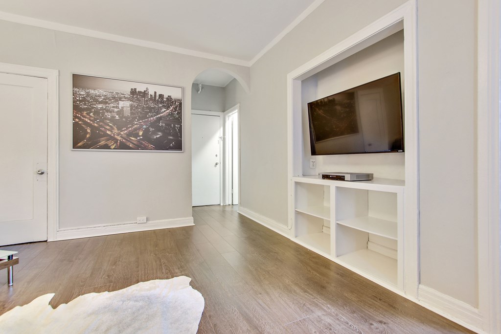 A living room with a white rug, a black and white photo on the wall, a television, and a book on the shelf.
