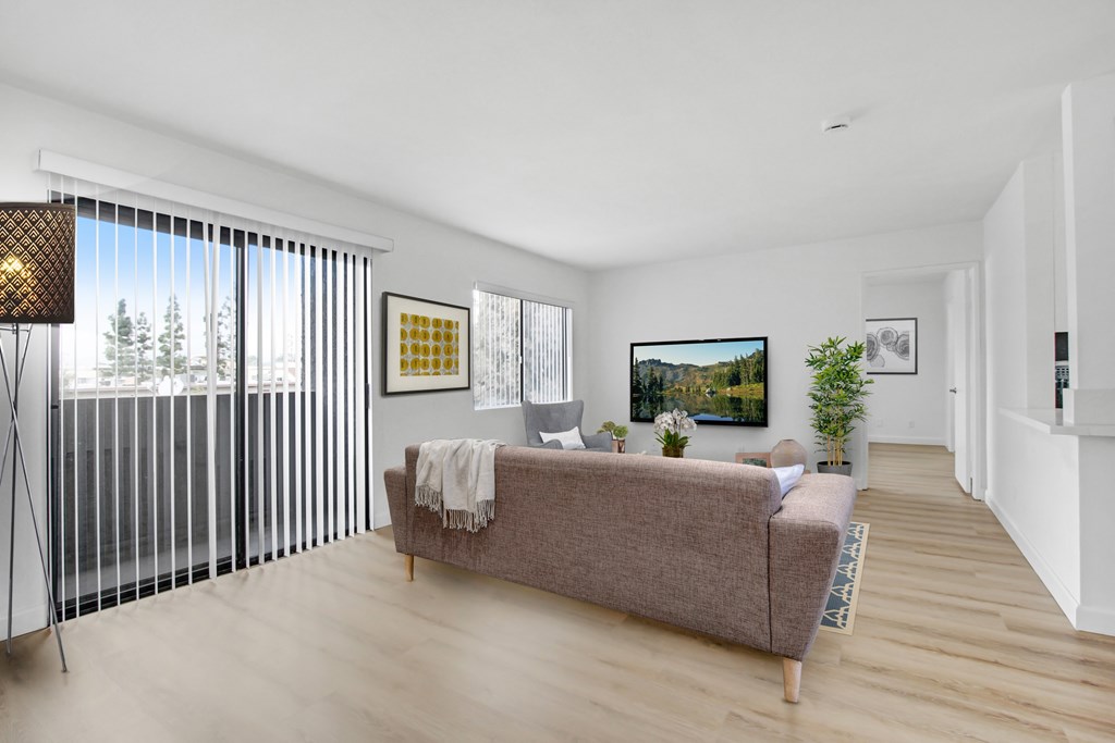 A living room with a couch, a television, and a window with blinds.
