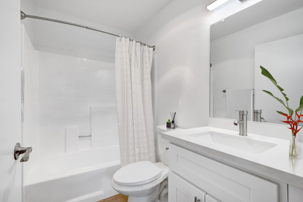A white bathroom with a toilet, sink, and shower.