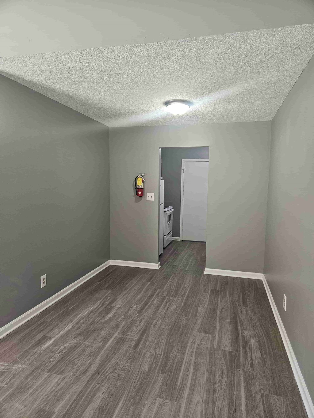 A room with a grey floor and a white door.