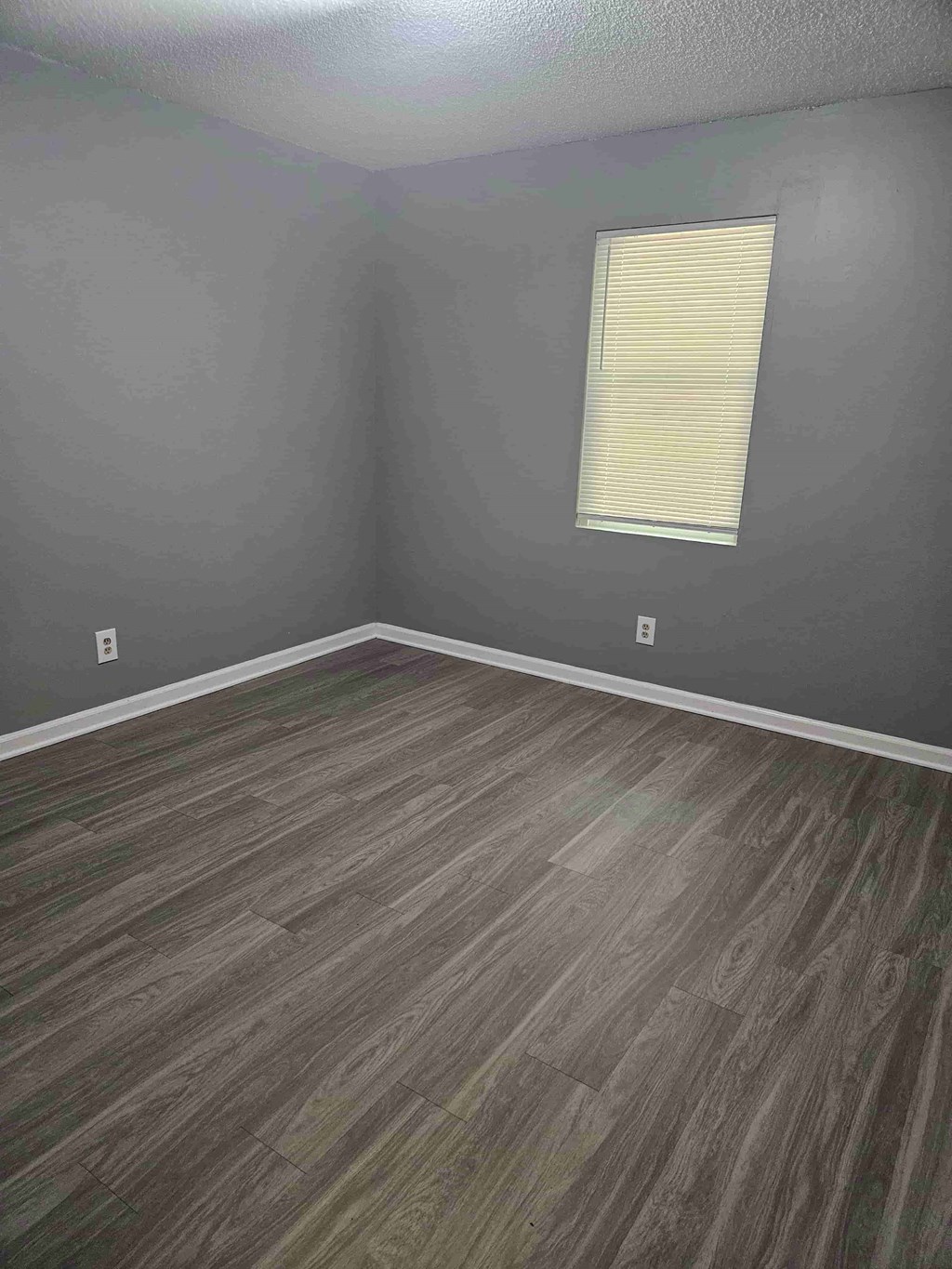 A room with a wooden floor and a window with blinds.