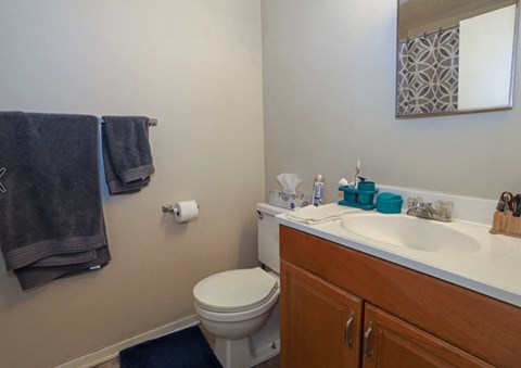 A bathroom with a toilet, sink, mirror, and towel.