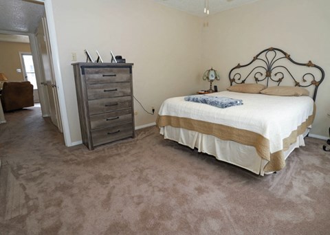 A bedroom with a bed, dresser, and carpet.