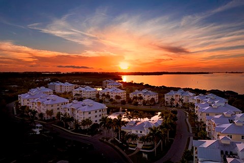 A sunset over a residential area with houses and palm trees.