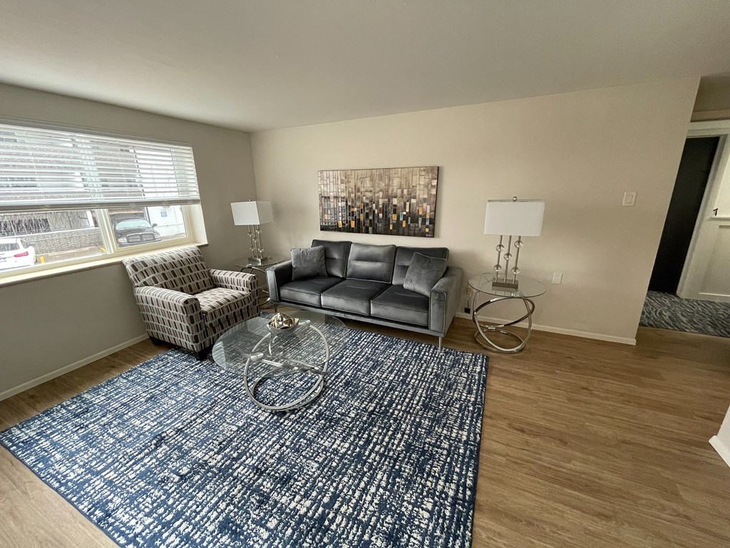 A living room with a grey couch, a glass table, and a blue rug.