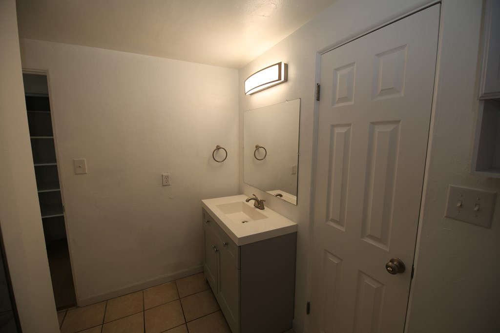 A bathroom with a sink and a mirror.