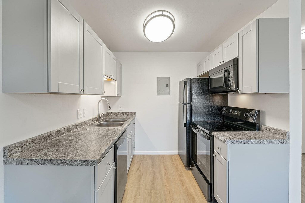 A kitchen with a black refrigerator and a granite counter top.