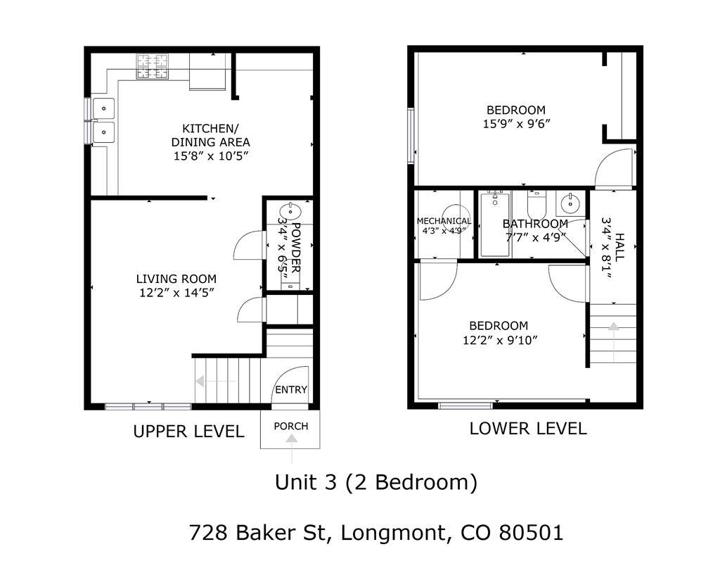 A floor plan for a two bedroom apartment at 728 Baker St, Longmont, CO 80501.