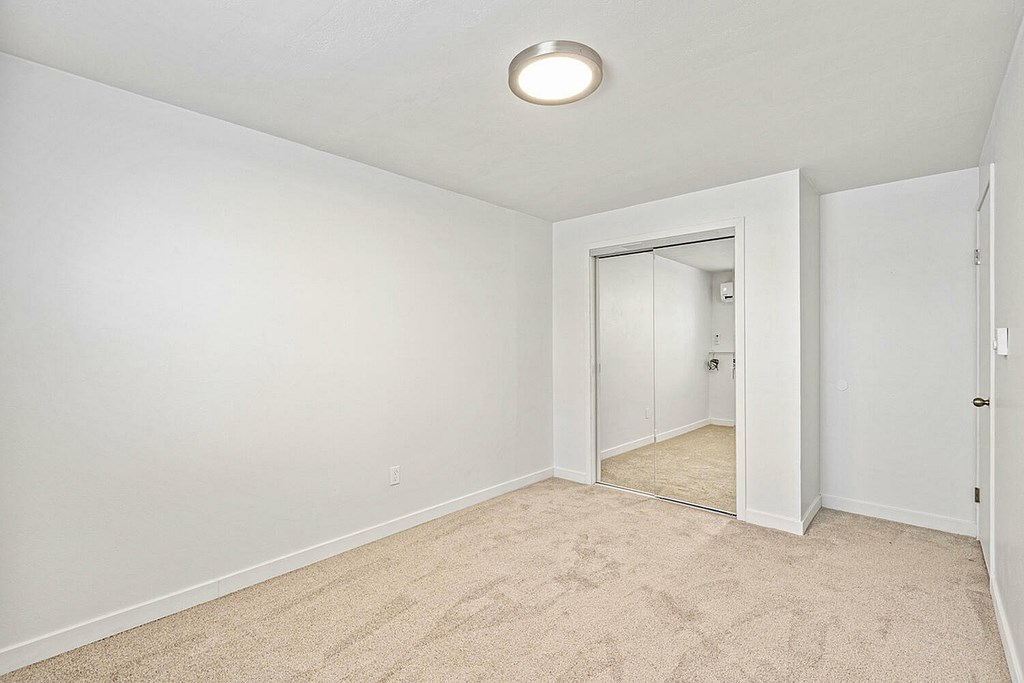 A white room with a carpeted floor and a doorway leading to another room.